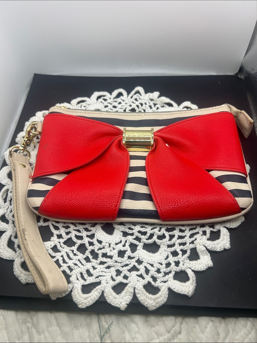 Red Bow Stripe Wristlet Clutch Betsey Johnson